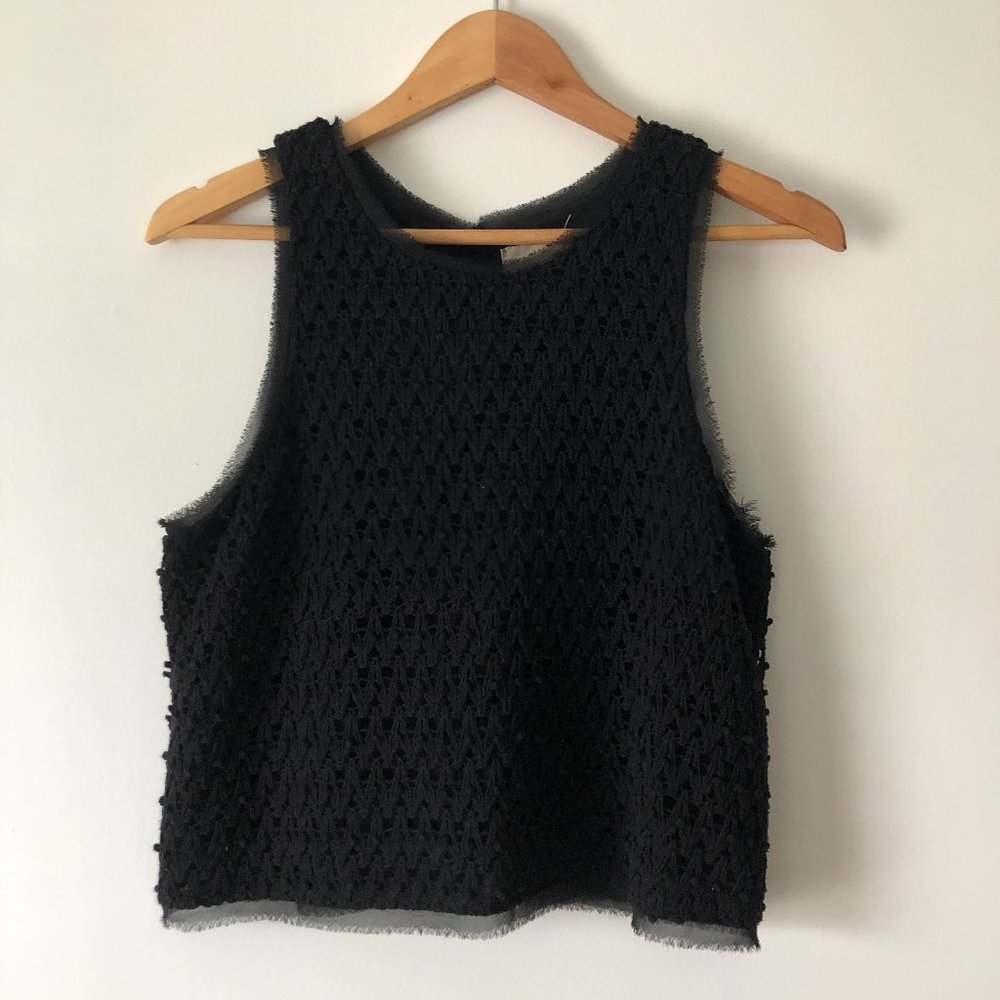 Moon River, Black tank top blouse with open back and chic woven pattern, medium